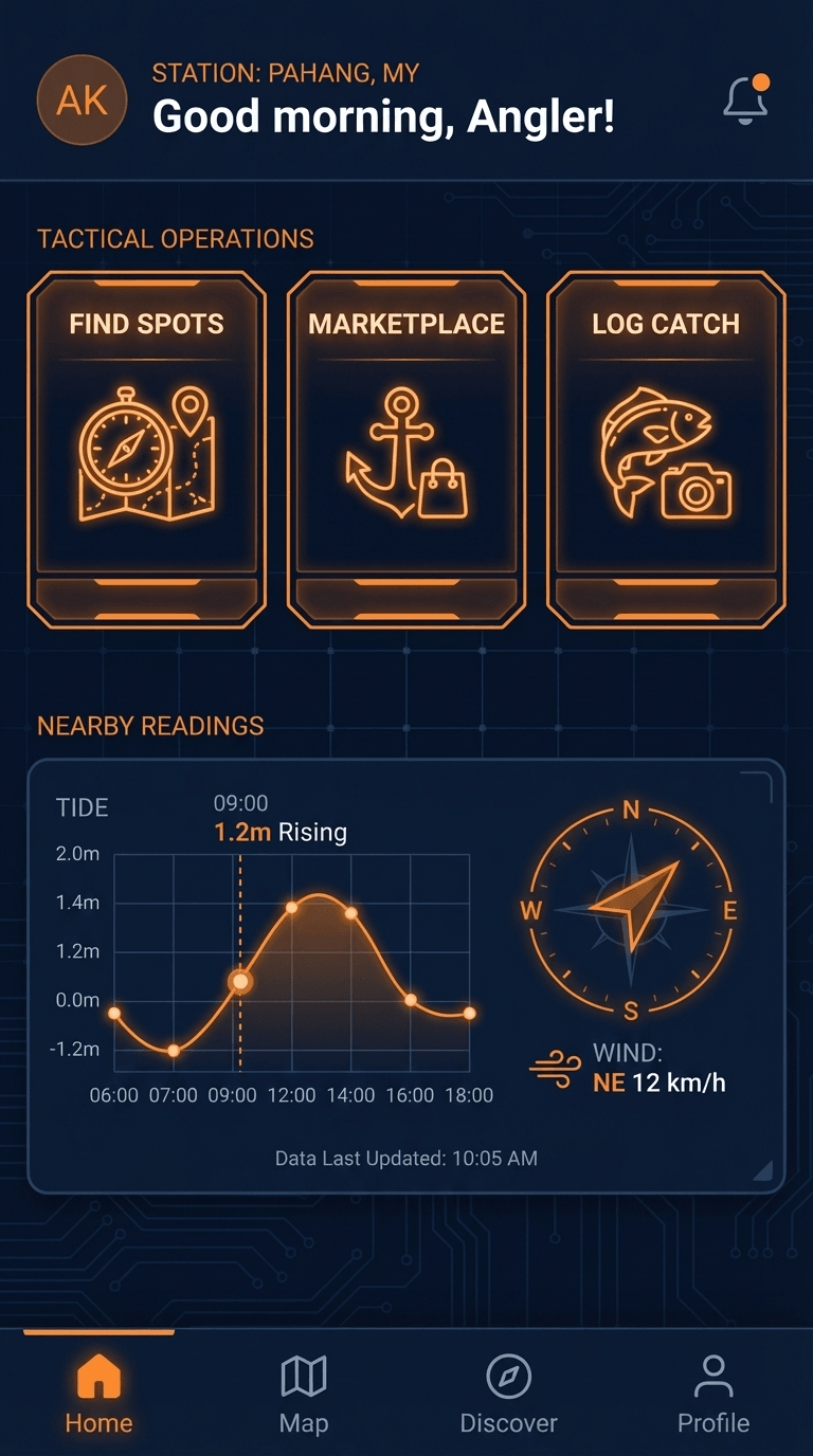 Bentara Command Center — tactical dashboard with fishing spots and rapid deployment actions